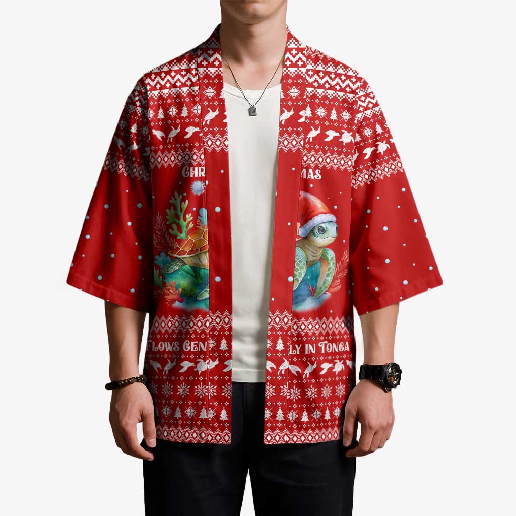 Tonga Christmas Kimono with Sea Turtle Coral Reef Design Snowflake Pattern and National Emblem - Polynesian Pride