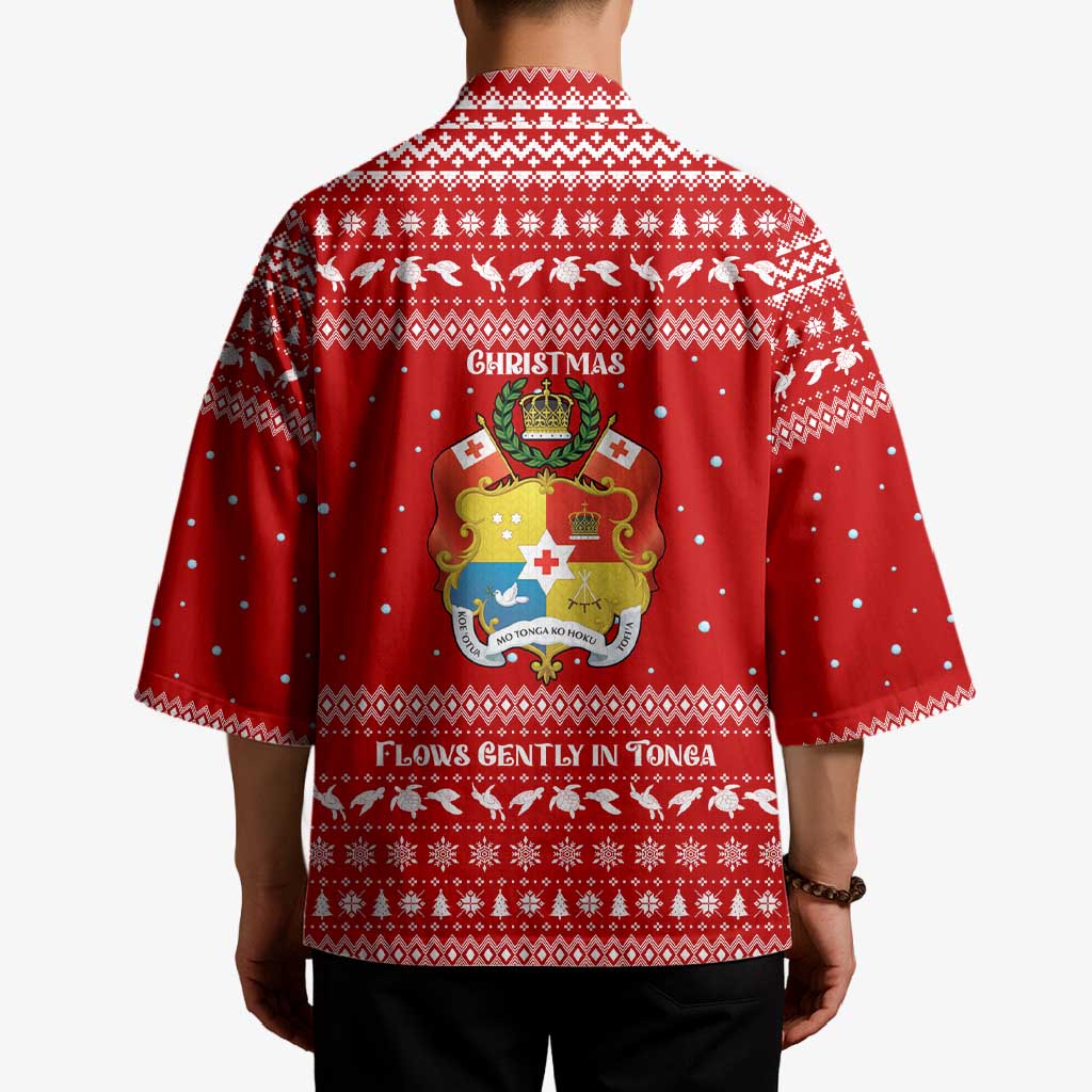 Tonga Christmas Kimono with Sea Turtle Coral Reef Design Snowflake Pattern and National Emblem - Polynesian Pride