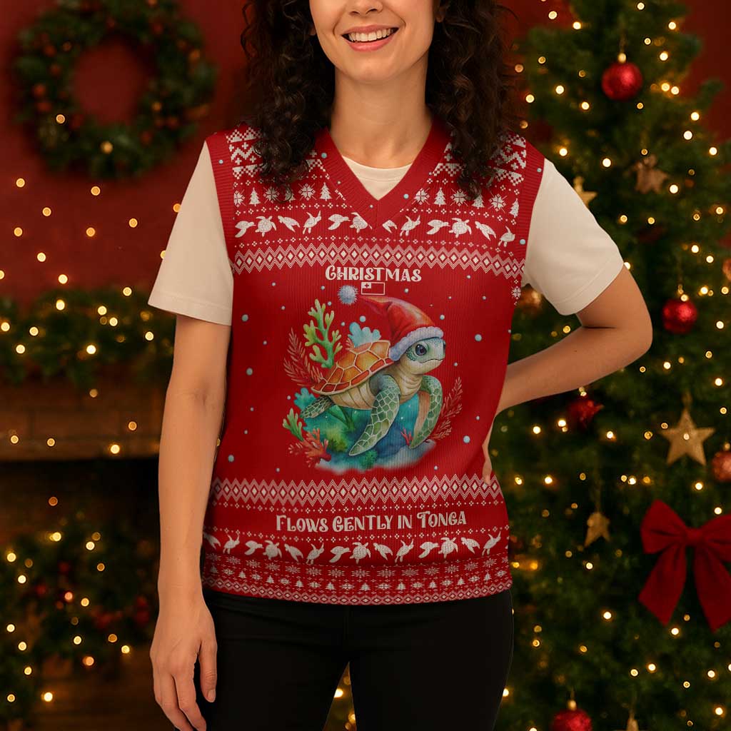 Tonga Christmas Knitted V-Neck Vest with Sea Turtle Coral Reef Design Snowflake Pattern and National Emblem - Polynesian Pride