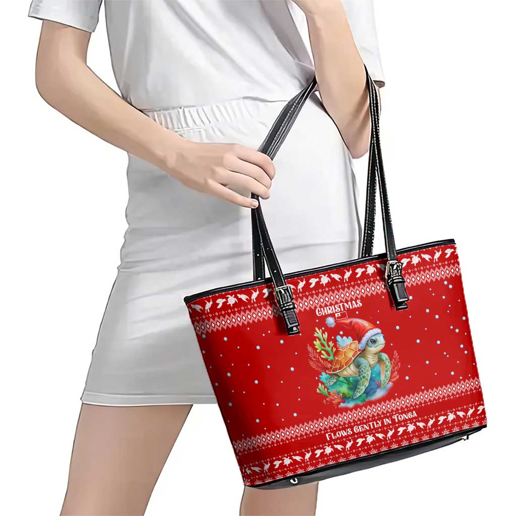 Tonga Christmas Leather Tote Bag with Sea Turtle Coral Reef Design Snowflake Pattern and National Emblem - Polynesian Pride
