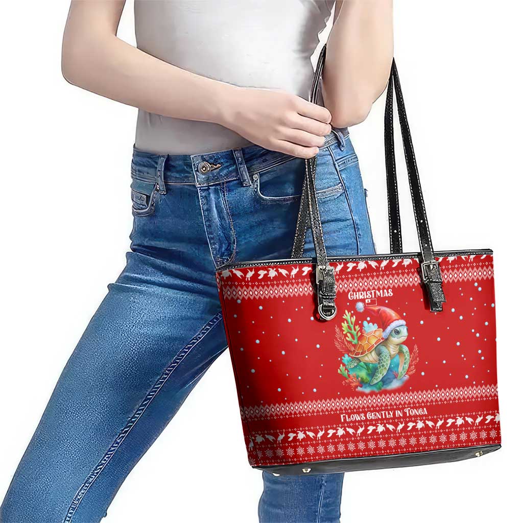 Tonga Christmas Leather Tote Bag with Sea Turtle Coral Reef Design Snowflake Pattern and National Emblem - Polynesian Pride