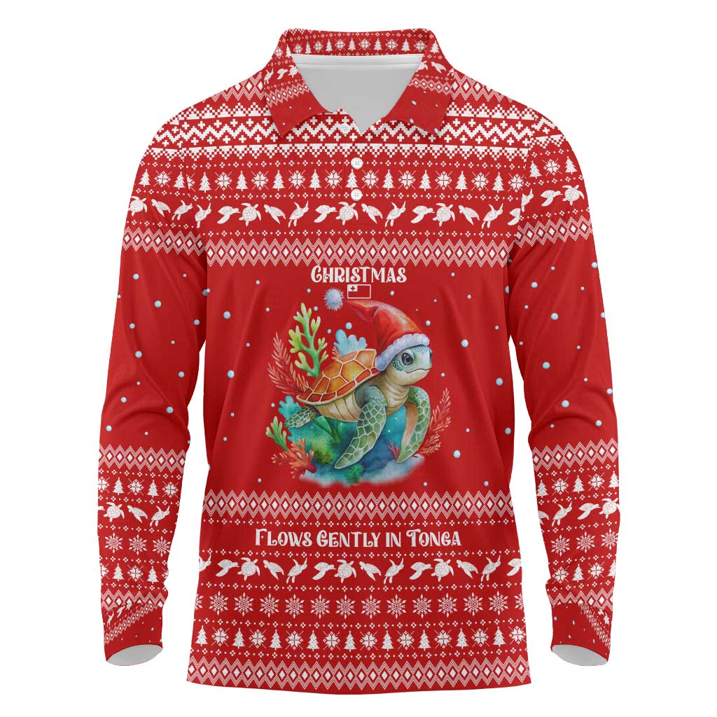 Tonga Christmas Long Sleeve Polo Shirt with Sea Turtle Coral Reef Design Snowflake Pattern and National Emblem - Polynesian Pride