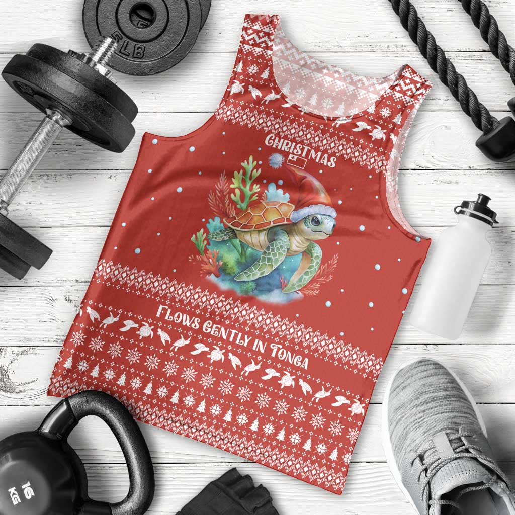 Tonga Christmas Men Tank Top with Sea Turtle Coral Reef Design Snowflake Pattern and National Emblem - Polynesian Pride