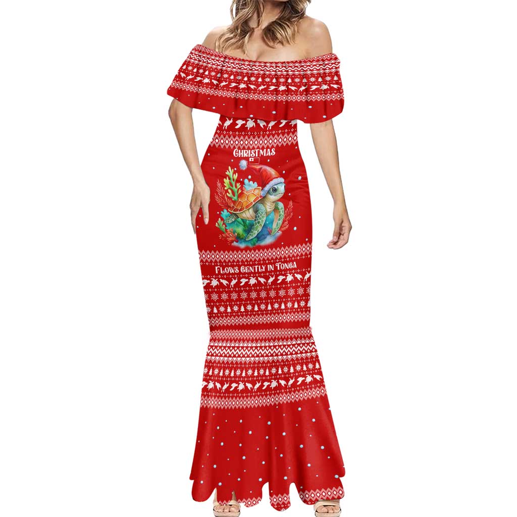 Tonga Christmas Mermaid Dress with Sea Turtle Coral Reef Design Snowflake Pattern and National Emblem - Polynesian Pride