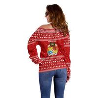 Tonga Christmas Off Shoulder Sweater with Sea Turtle Coral Reef Design Snowflake Pattern and National Emblem - Polynesian Pride