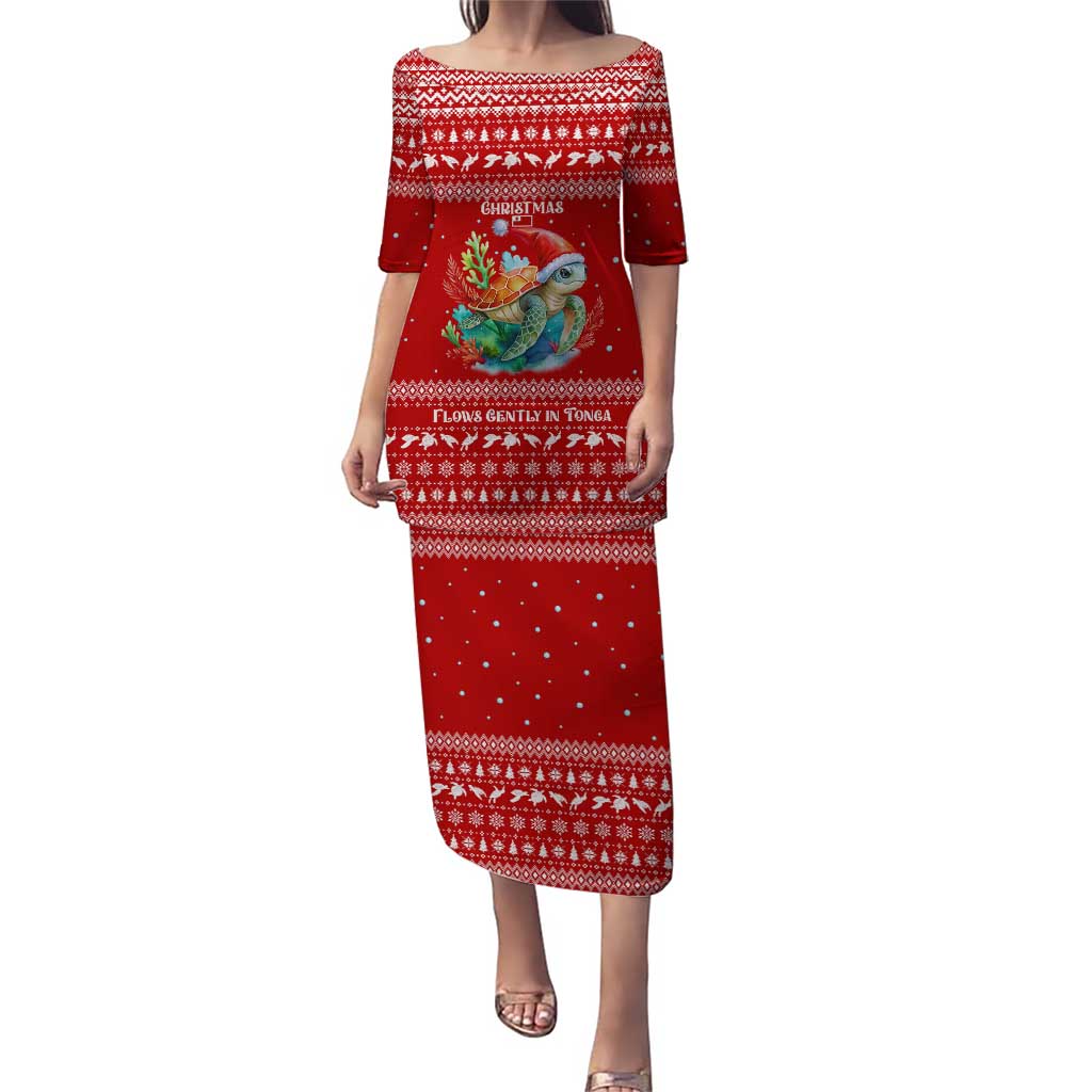 Tonga Christmas Puletasi with Sea Turtle Coral Reef Design Snowflake Pattern and National Emblem - Polynesian Pride