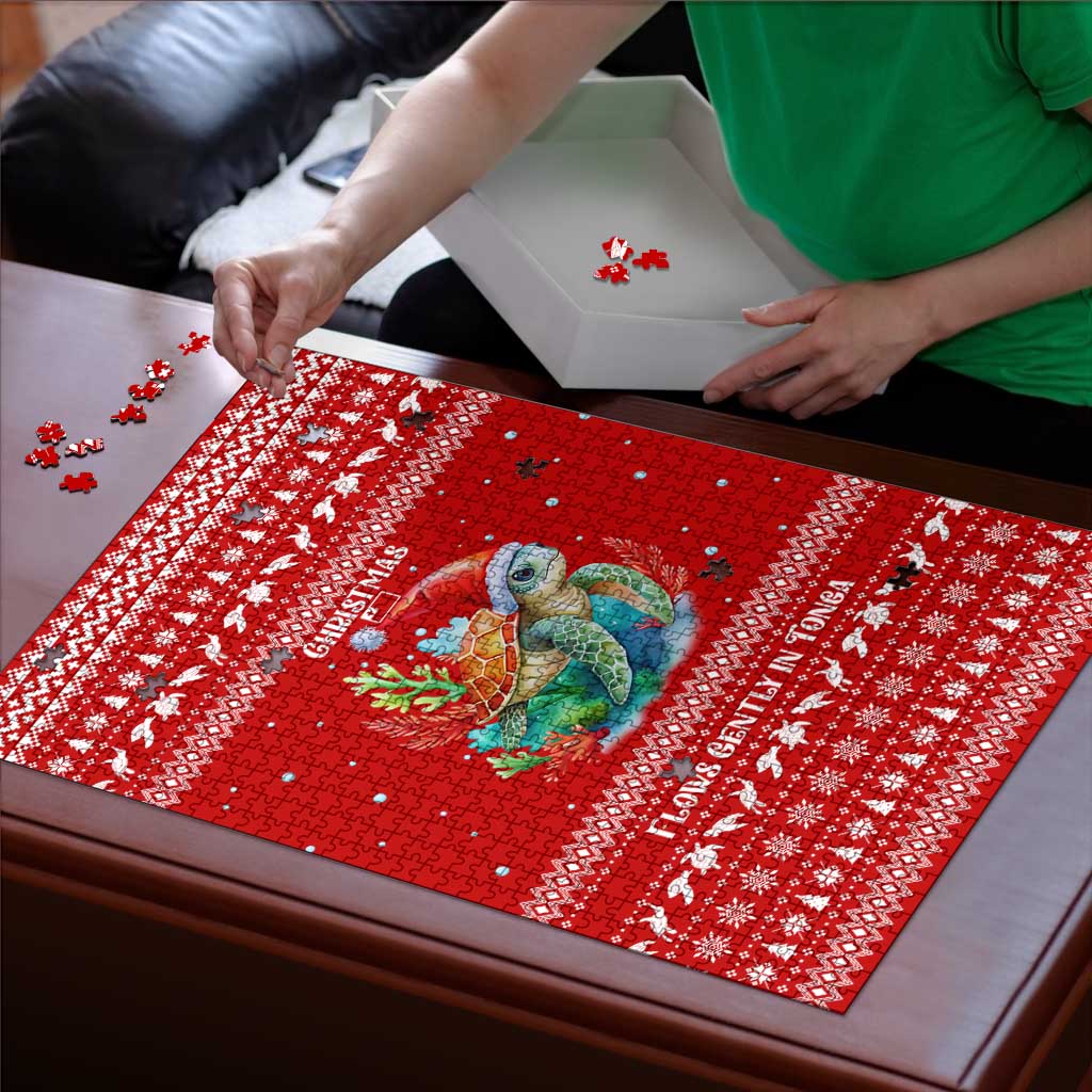 Tonga Christmas Puzzle with Sea Turtle Coral Reef Design Snowflake Pattern and National Emblem - Polynesian Pride
