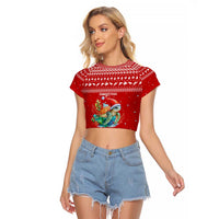 Tonga Christmas Raglan Cropped T Shirt with Sea Turtle Coral Reef Design Snowflake Pattern and National Emblem - Polynesian Pride