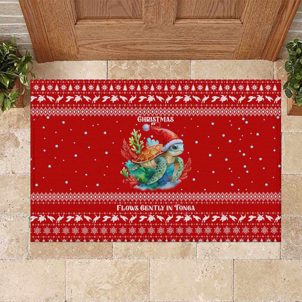 Tonga Christmas Rubber Doormat with Sea Turtle Coral Reef Design Snowflake Pattern and National Emblem - Polynesian Pride