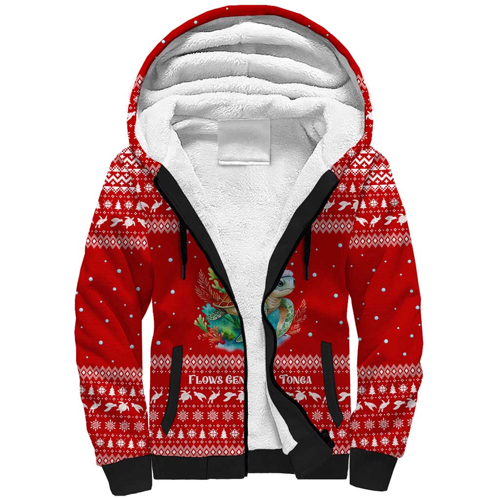 Tonga Christmas Sherpa Hoodie with Sea Turtle Coral Reef Design Snowflake Pattern and National Emblem - Polynesian Pride