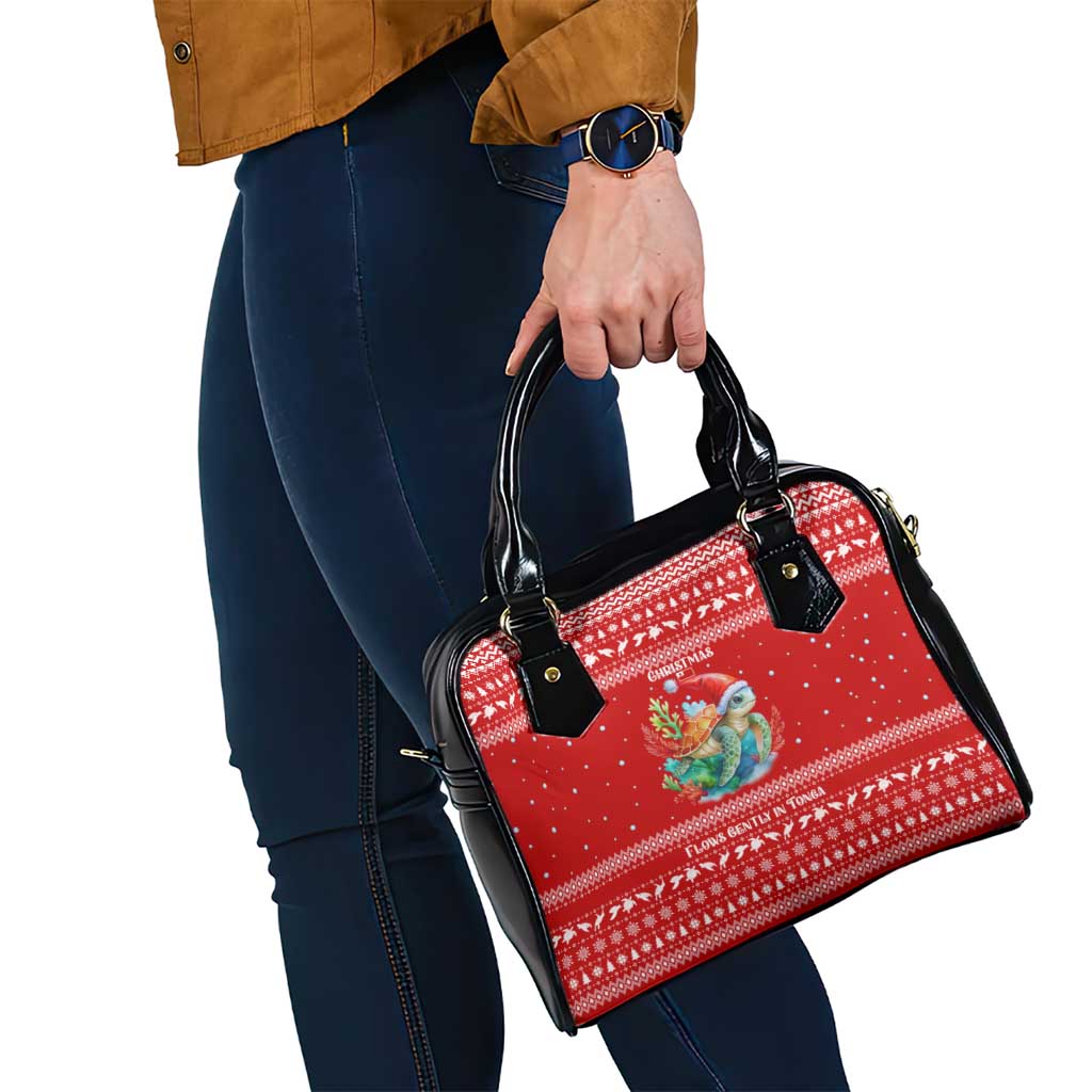 Tonga Christmas Shoulder Handbag with Sea Turtle Coral Reef Design Snowflake Pattern and National Emblem - Polynesian Pride