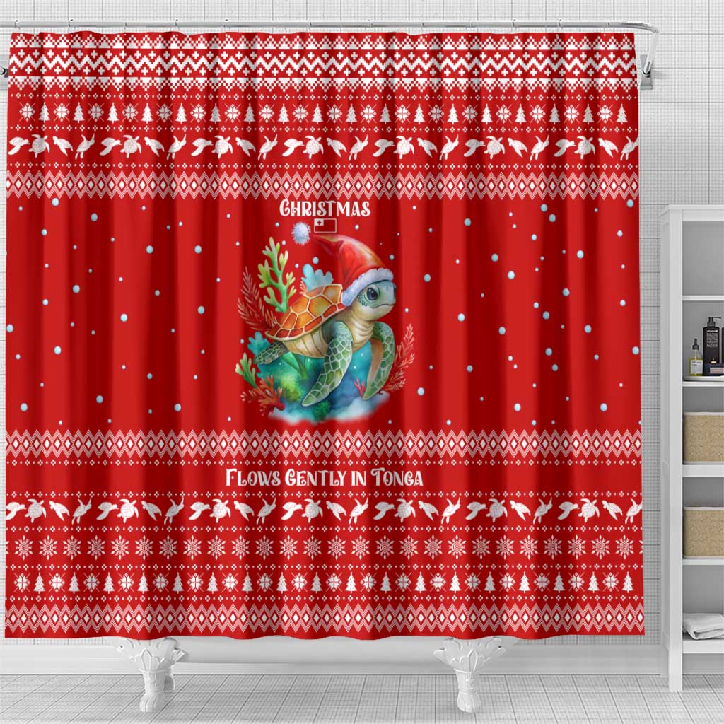 Tonga Christmas Shower Curtain with Sea Turtle Coral Reef Design Snowflake Pattern and National Emblem - Polynesian Pride