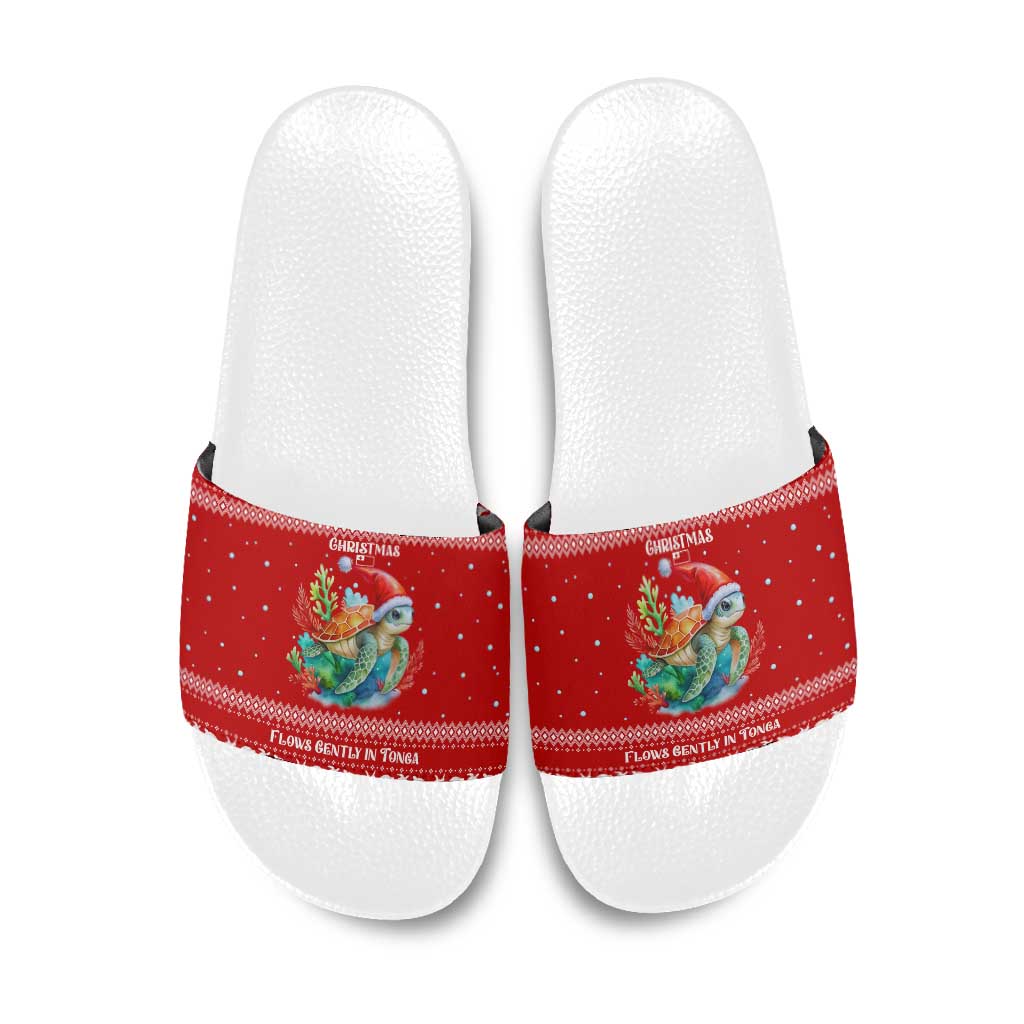 Tonga Christmas Slide Sandals with Sea Turtle Coral Reef Design Snowflake Pattern and National Emblem - Polynesian Pride