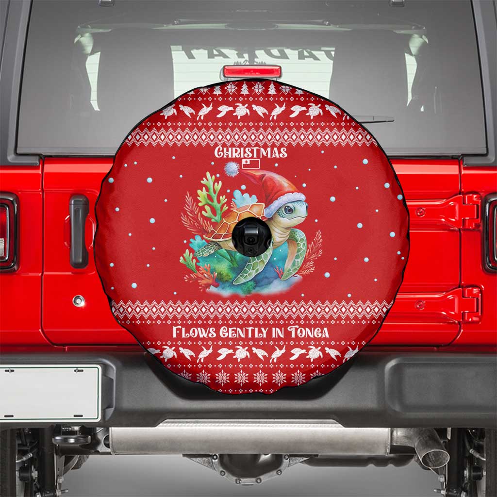 Tonga Christmas Spare Tire Cover with Sea Turtle Coral Reef Design Snowflake Pattern and National Emblem - Polynesian Pride