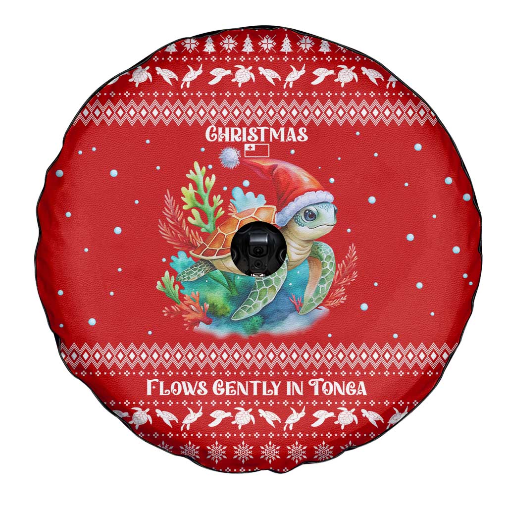Tonga Christmas Spare Tire Cover with Sea Turtle Coral Reef Design Snowflake Pattern and National Emblem - Polynesian Pride