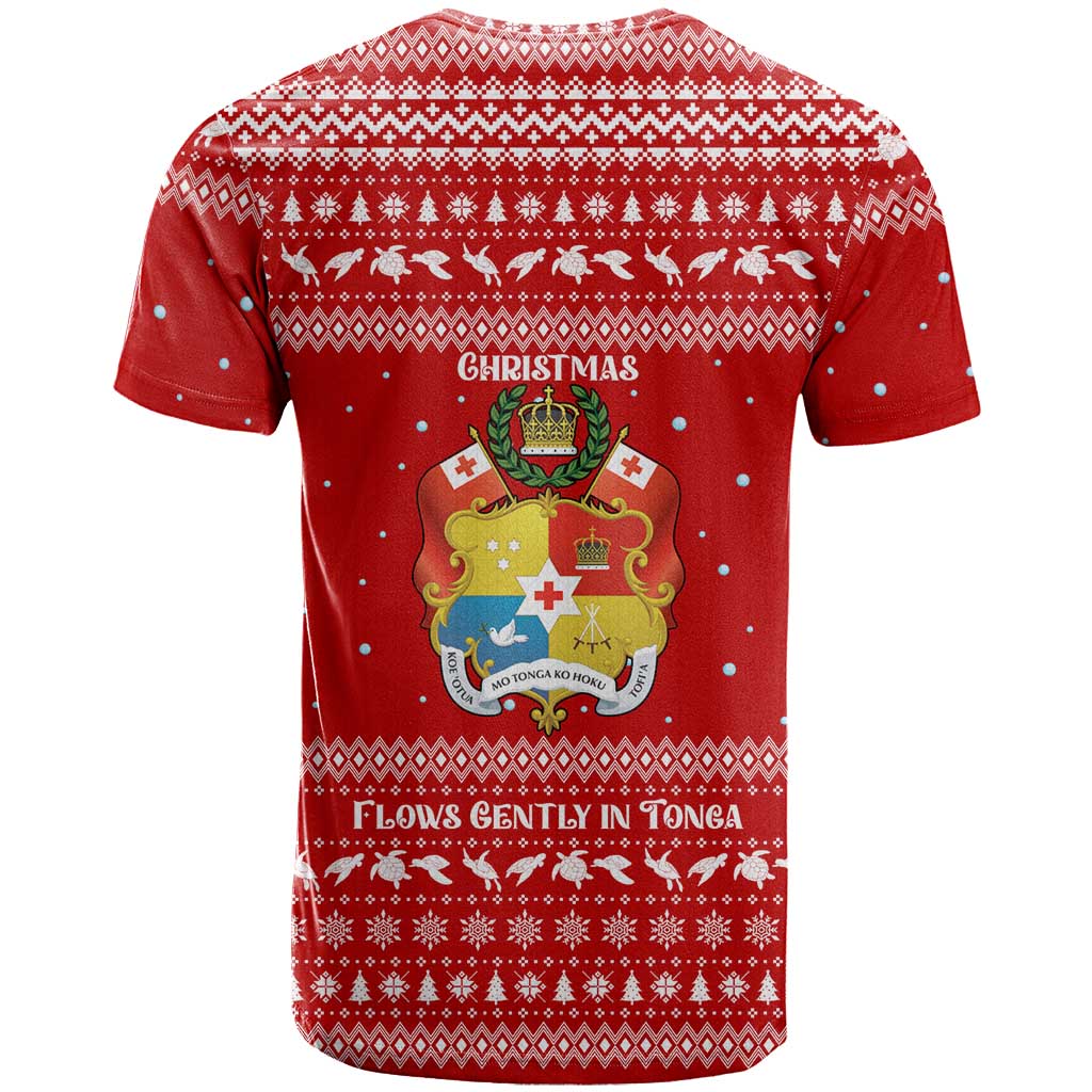 Tonga Christmas T Shirt with Sea Turtle Coral Reef Design Snowflake Pattern and National Emblem - Polynesian Pride