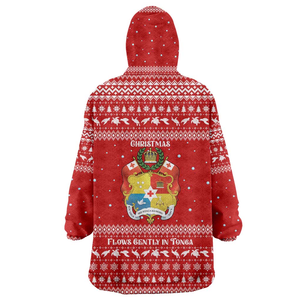 Tonga Christmas Wearable Blanket Hoodie with Sea Turtle Coral Reef Design Snowflake Pattern and National Emblem - Polynesian Pride