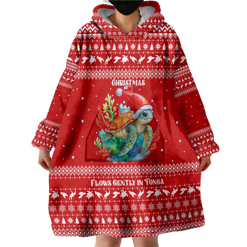 Tonga Christmas Wearable Blanket Hoodie with Sea Turtle Coral Reef Design Snowflake Pattern and National Emblem - Polynesian Pride