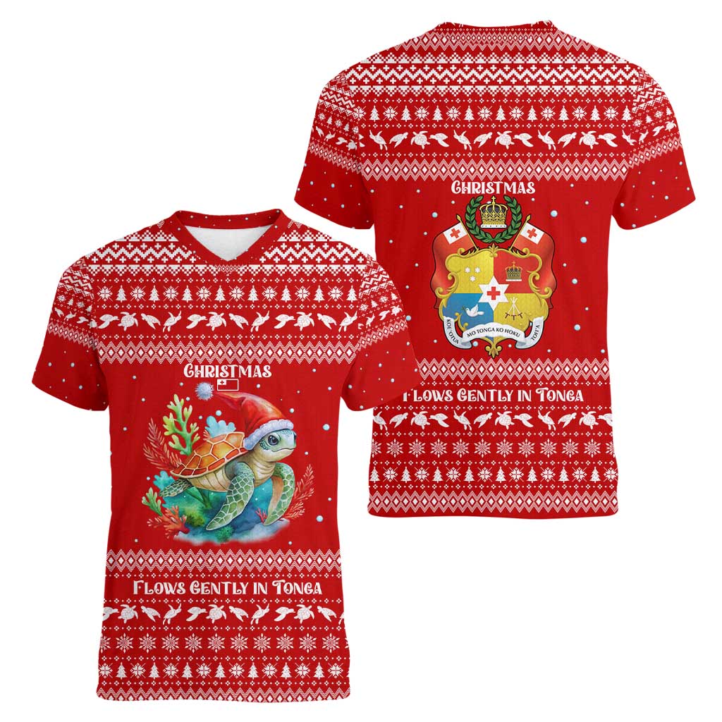Tonga Christmas Women V-Neck T-Shirt with Sea Turtle Coral Reef Design Snowflake Pattern and National Emblem - Polynesian Pride