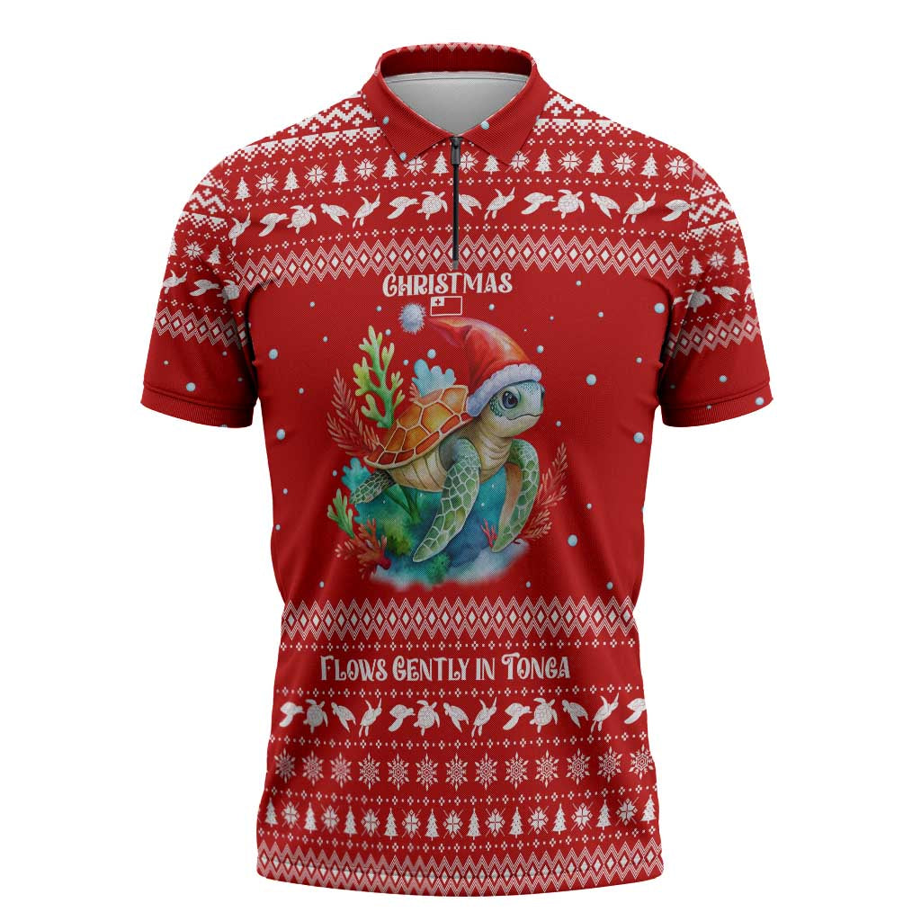 Tonga Christmas Zipper Polo Shirt with Sea Turtle Coral Reef Design Snowflake Pattern and National Emblem - Polynesian Pride