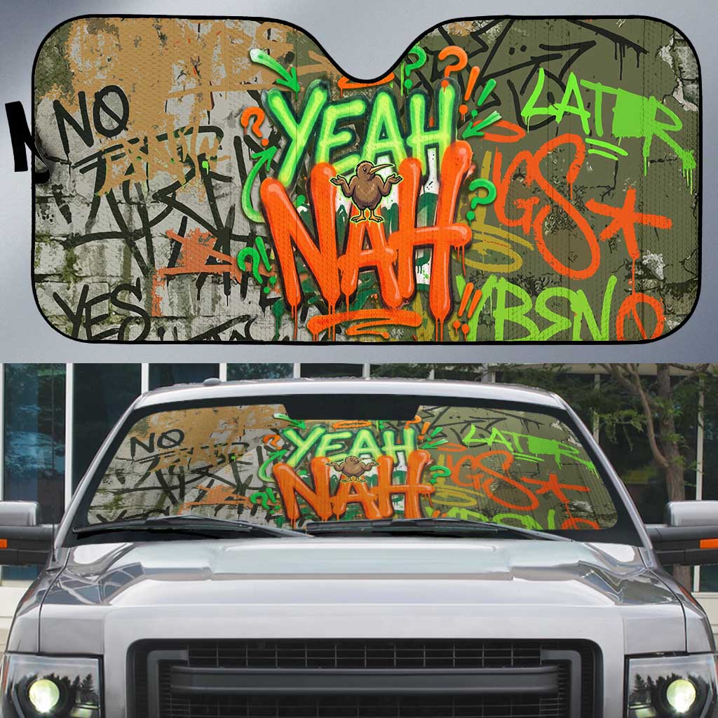 Yeah Nah Graffiti Skull New Zealand Slang Auto Sun Shade Kiwi Grunge Brick Wall and Bold Urban Street Art TS04 Multicolor - Polynesian Pride