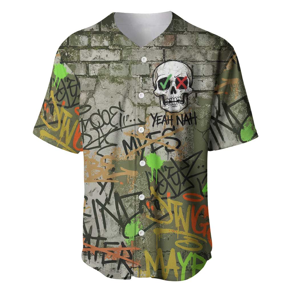 Yeah Nah Graffiti Skull New Zealand Slang Baseball Jersey Kiwi Grunge Brick Wall and Bold Urban Street Art TS04 Multicolor - Polynesian Pride
