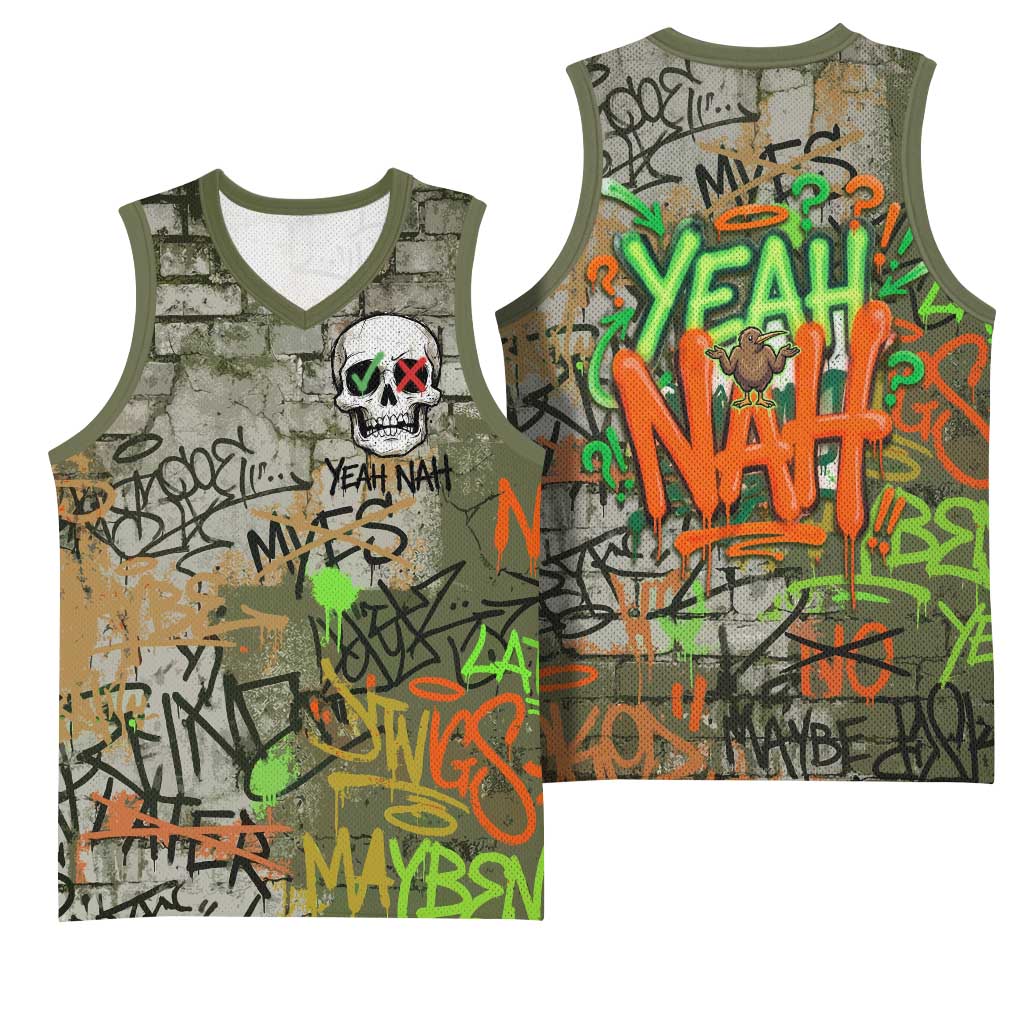 Yeah Nah Graffiti Skull New Zealand Slang Basketball Jersey Kiwi Grunge Brick Wall and Bold Urban Street Art TS04 - Polynesian Pride