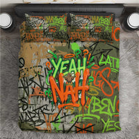 Yeah Nah Graffiti Skull New Zealand Slang Bedding Set Kiwi Grunge Brick Wall and Bold Urban Street Art