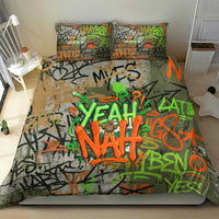 Yeah Nah Graffiti Skull New Zealand Slang Bedding Set Kiwi Grunge Brick Wall and Bold Urban Street Art