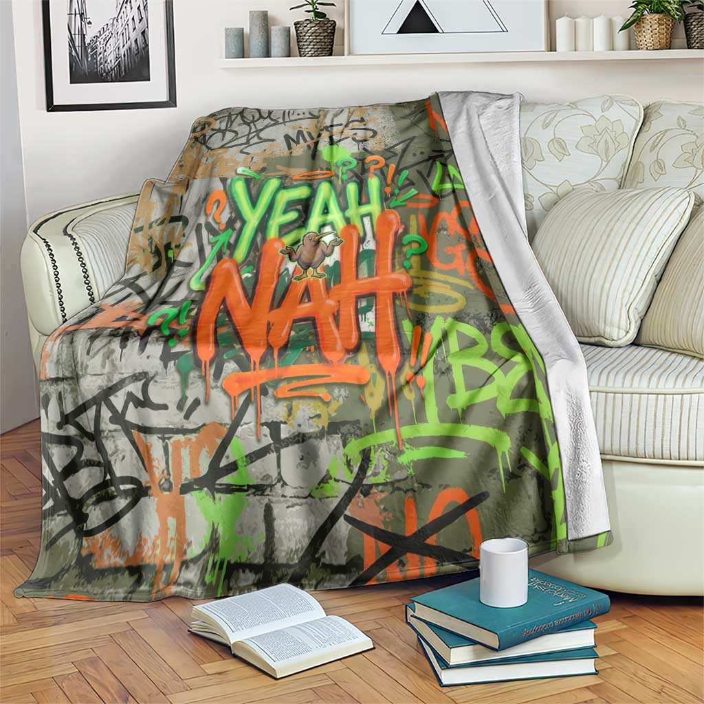 Yeah Nah Graffiti Skull New Zealand Slang Blanket Kiwi Grunge Brick Wall and Bold Urban Street Art