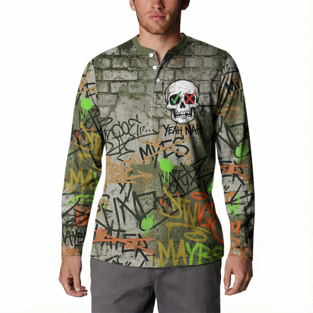 Yeah Nah Graffiti Skull New Zealand Slang Button Sweatshirt Kiwi Grunge Brick Wall and Bold Urban Street Art TS04 - Polynesian Pride