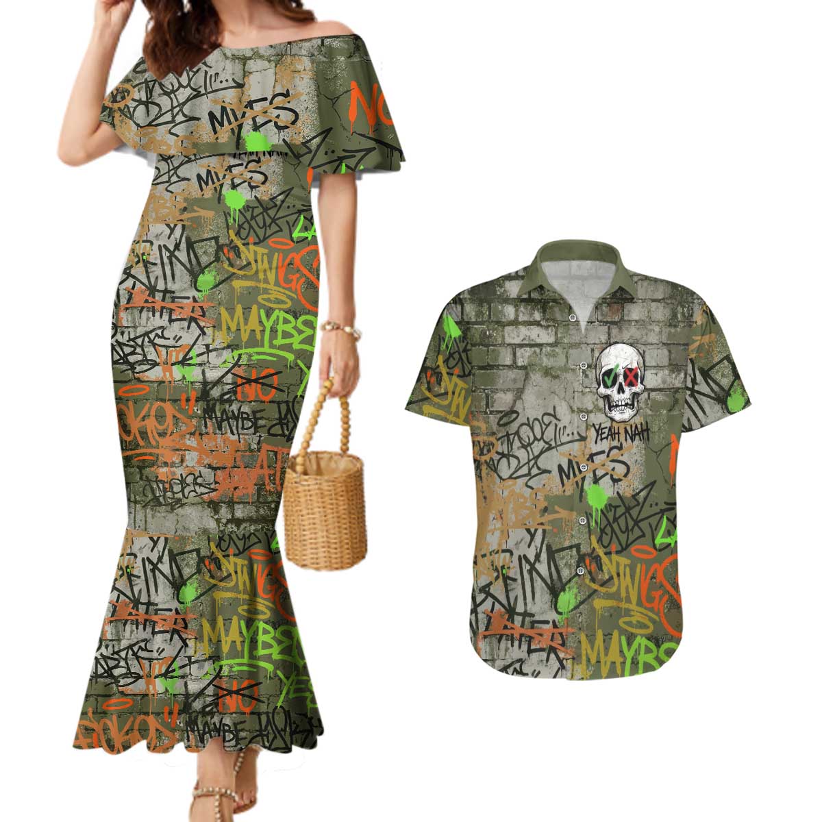 Yeah Nah Graffiti Skull New Zealand Slang Couples Matching Mermaid Dress and Hawaiian Shirt Kiwi Grunge Brick Wall and Bold Urban Street Art