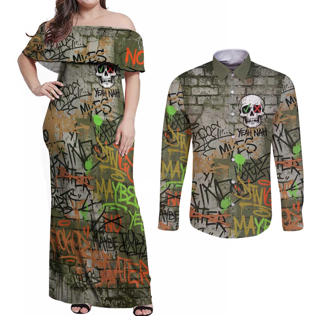 Yeah Nah Graffiti Skull New Zealand Slang Couples Matching Off Shoulder Maxi Dress and Long Sleeve Button Shirt Kiwi Grunge Brick Wall and Bold Urban Street Art