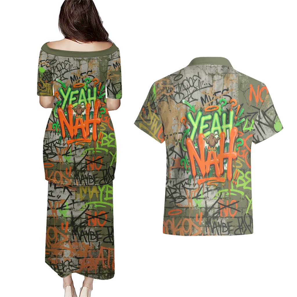 Yeah Nah Graffiti Skull New Zealand Slang Couples Matching Puletasi and Hawaiian Shirt Kiwi Grunge Brick Wall and Bold Urban Street Art TS04 - Polynesian Pride