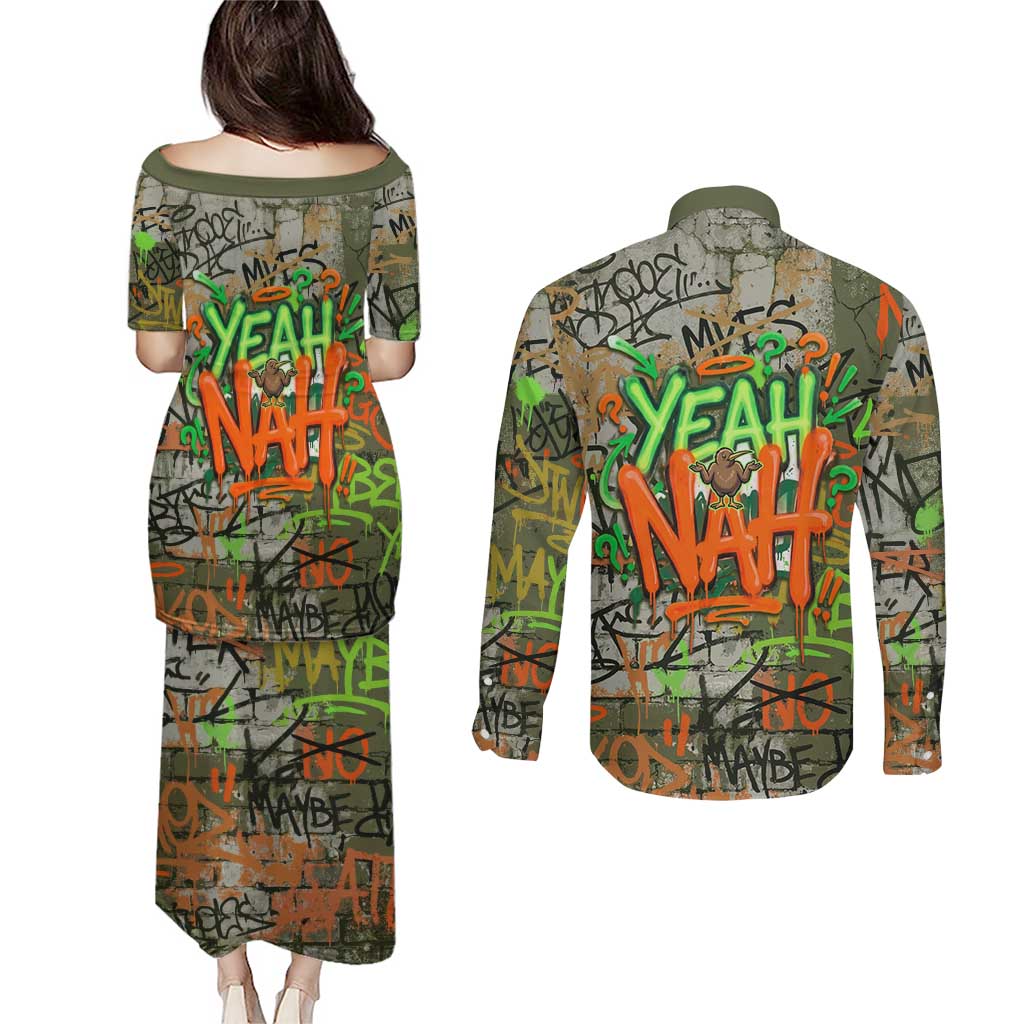 Yeah Nah Graffiti Skull New Zealand Slang Couples Matching Puletasi and Long Sleeve Button Shirt Kiwi Grunge Brick Wall and Bold Urban Street Art TS04 - Polynesian Pride