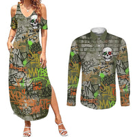 Yeah Nah Graffiti Skull New Zealand Slang Couples Matching Summer Maxi Dress and Long Sleeve Button Shirt Kiwi Grunge Brick Wall and Bold Urban Street Art TS04 Multicolor - Polynesian Pride