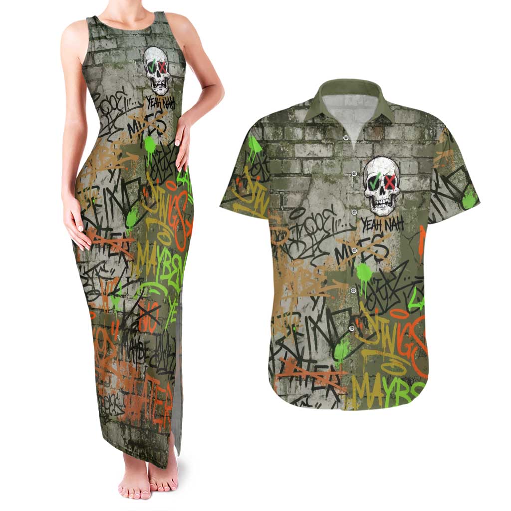 Yeah Nah Graffiti Skull New Zealand Slang Couples Matching Tank Maxi Dress and Hawaiian Shirt Kiwi Grunge Brick Wall and Bold Urban Street Art