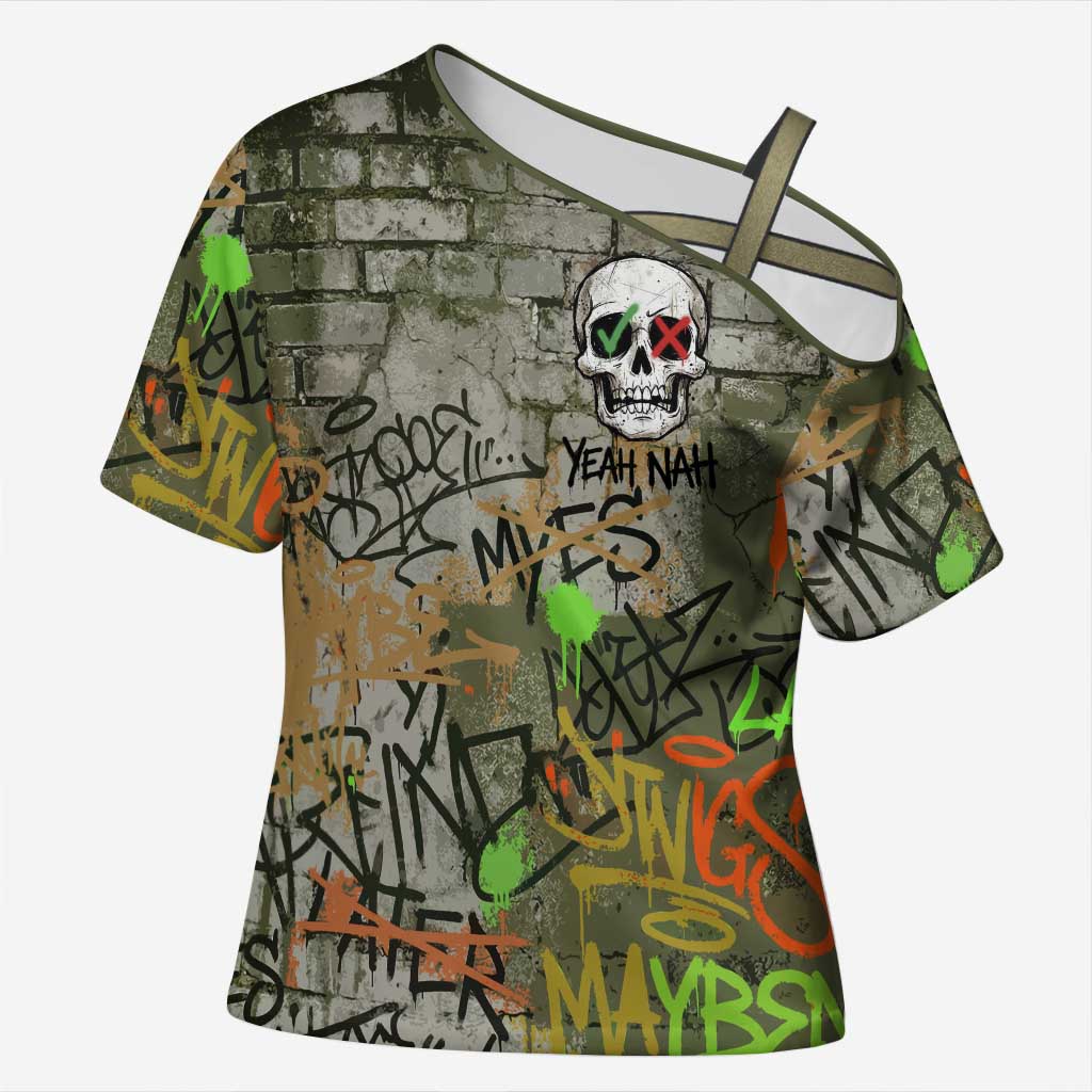Yeah Nah Graffiti Skull New Zealand Slang Cross Shoulder Shirt Kiwi Grunge Brick Wall and Bold Urban Street Art TS04 Female Multicolor - Polynesian Pride