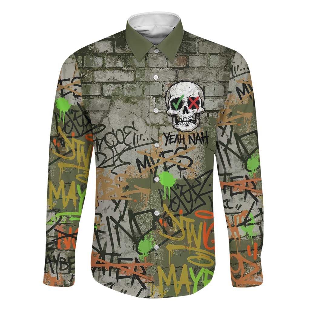 Yeah Nah Graffiti Skull New Zealand Slang Family Matching Off Shoulder Maxi Dress and Hawaiian Shirt Kiwi Grunge Brick Wall and Bold Urban Street Art TS04 Dad's Shirt - Long Sleeve Multicolor - Polynesian Pride