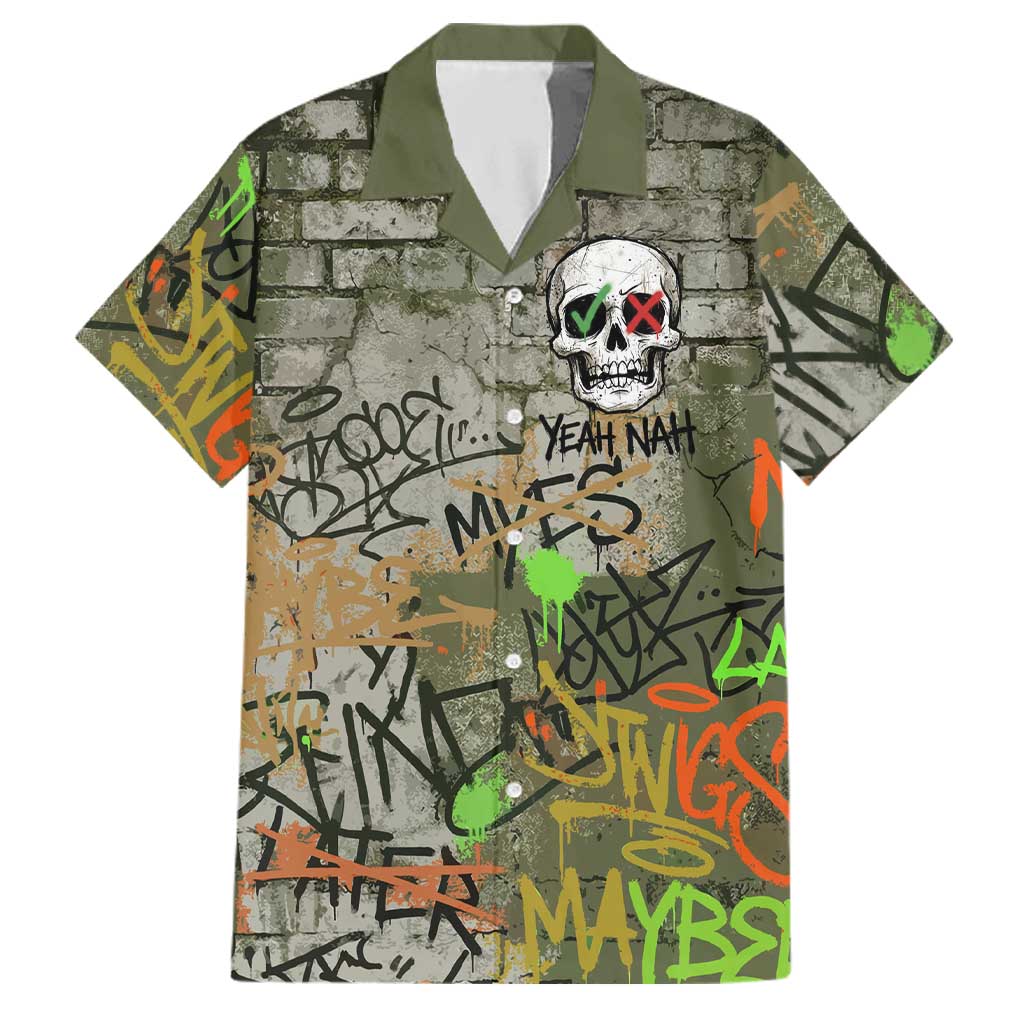 Yeah Nah Graffiti Skull New Zealand Slang Family Matching Summer Maxi Dress and Hawaiian Shirt Kiwi Grunge Brick Wall and Bold Urban Street Art TS04 Dad's Shirt - Short Sleeve Multicolor - Polynesian Pride