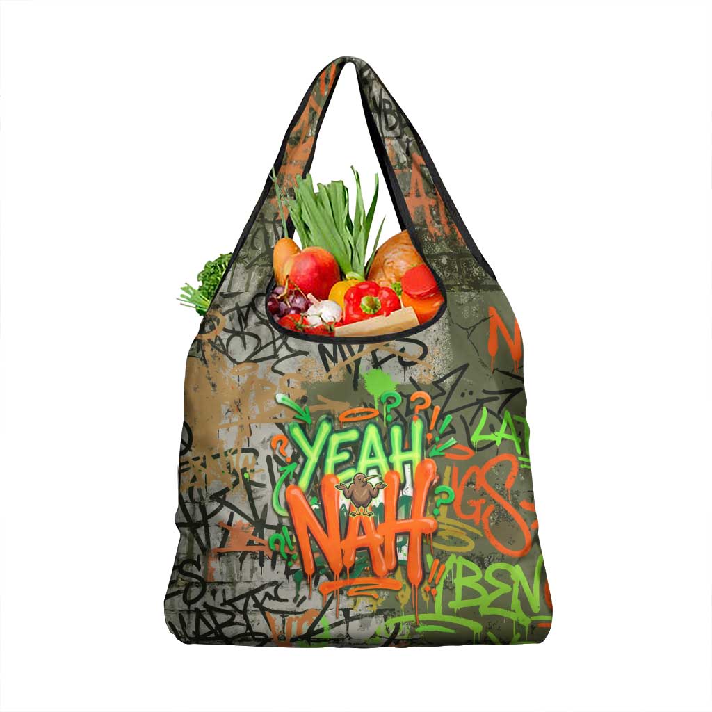 Yeah Nah Graffiti Skull New Zealand Slang Grocery Bag Kiwi Grunge Brick Wall and Bold Urban Street Art