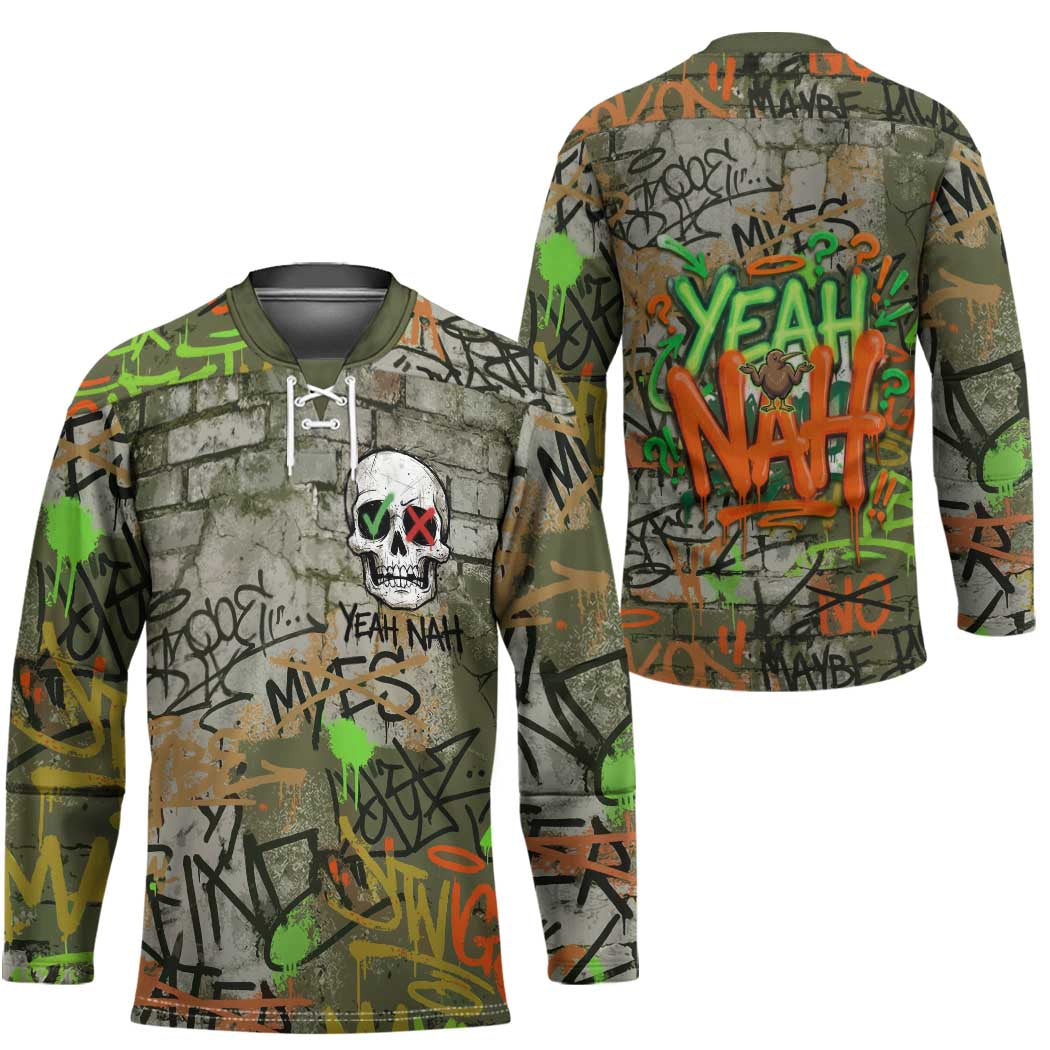 Yeah Nah Graffiti Skull New Zealand Slang Hockey Jersey Kiwi Grunge Brick Wall and Bold Urban Street Art TS04 - Polynesian Pride