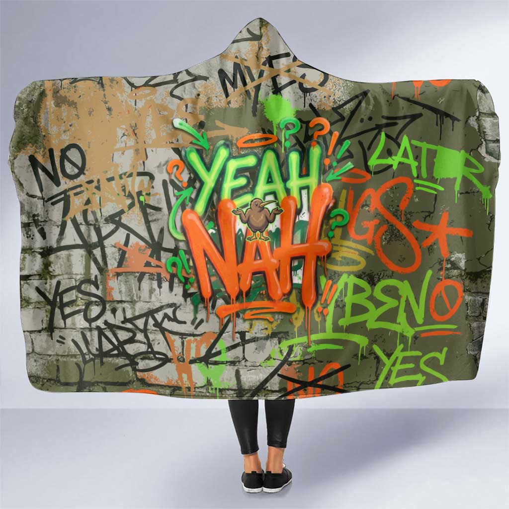 Yeah Nah Graffiti Skull New Zealand Slang Hooded Blanket Kiwi Grunge Brick Wall and Bold Urban Street Art