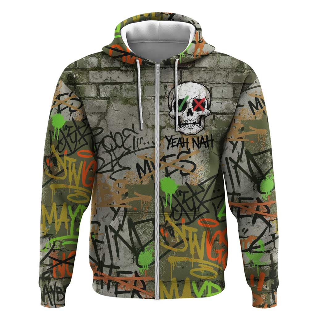 Yeah Nah Graffiti Skull New Zealand Slang Hoodie Kiwi Grunge Brick Wall and Bold Urban Street Art TS04 Zip Hoodie Multicolor - Polynesian Pride