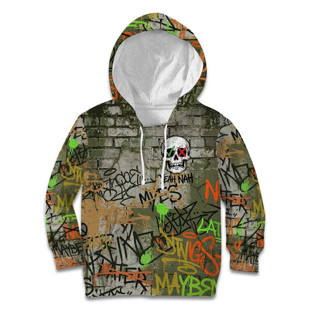 Yeah Nah Graffiti Skull New Zealand Slang Kid Hoodie Kiwi Grunge Brick Wall and Bold Urban Street Art TS04 Hoodie Multicolor - Polynesian Pride