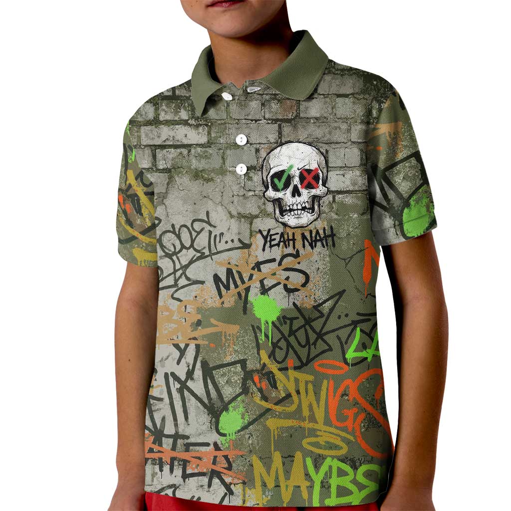 Yeah Nah Graffiti Skull New Zealand Slang Kid Polo Shirt Kiwi Grunge Brick Wall and Bold Urban Street Art TS04 Kid Multicolor - Polynesian Pride