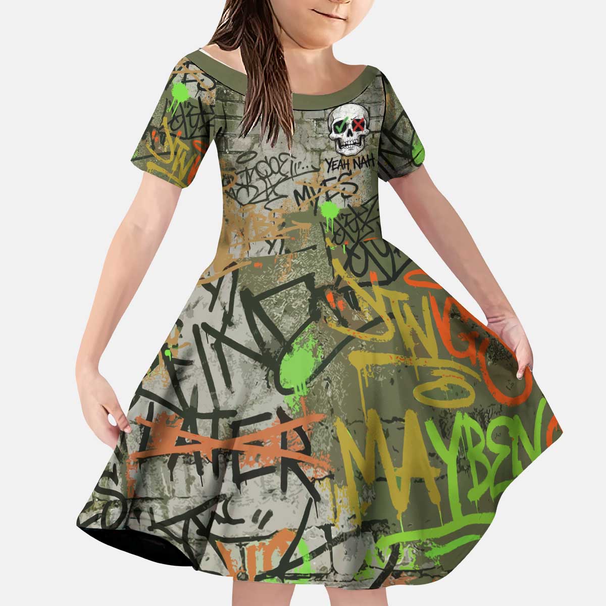 Yeah Nah Graffiti Skull New Zealand Slang Kid Short Sleeve Dress Kiwi Grunge Brick Wall and Bold Urban Street Art