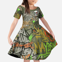 Yeah Nah Graffiti Skull New Zealand Slang Kid Short Sleeve Dress Kiwi Grunge Brick Wall and Bold Urban Street Art TS04 KID Multicolor - Polynesian Pride