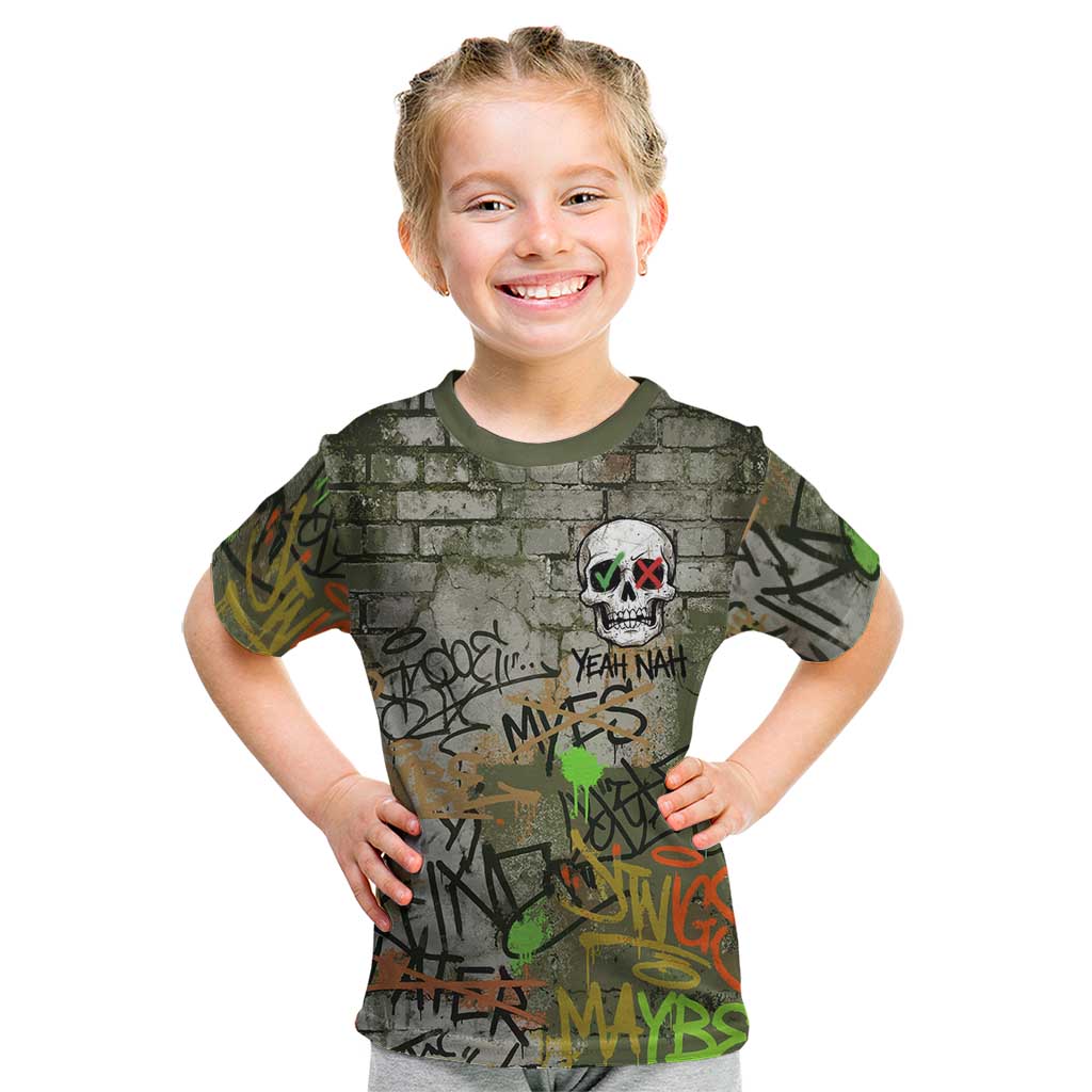 Yeah Nah Graffiti Skull New Zealand Slang Kid T Shirt Kiwi Grunge Brick Wall and Bold Urban Street Art