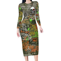 Yeah Nah Graffiti Skull New Zealand Slang Long Sleeve Bodycon Dress Kiwi Grunge Brick Wall and Bold Urban Street Art TS04 Long Dress Multicolor - Polynesian Pride